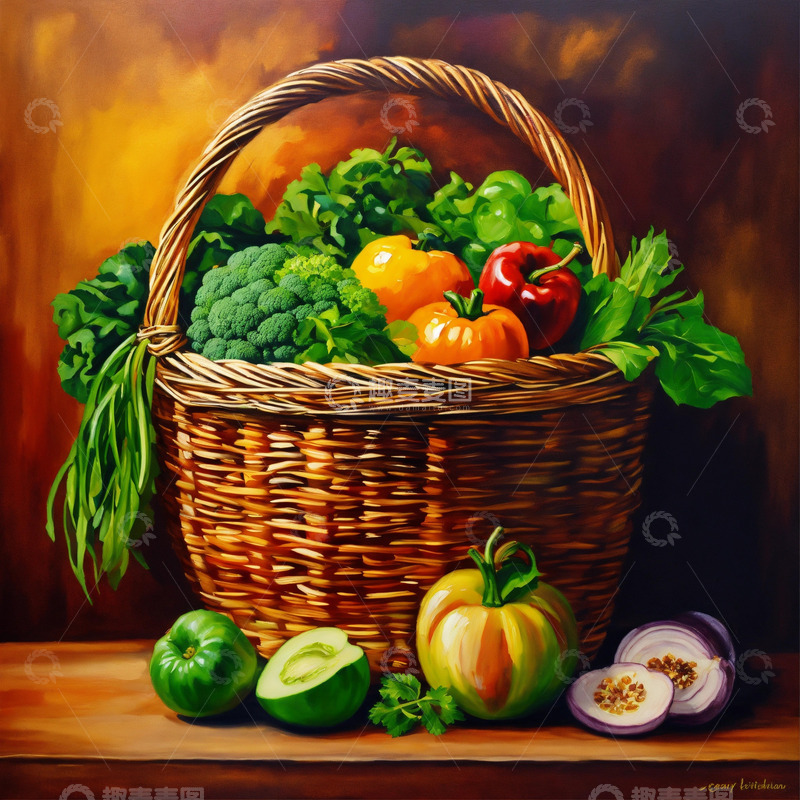 高清大图下载【趣麦麦图】纯素蔬果油画厨房标志暖色调写实AI插画图1