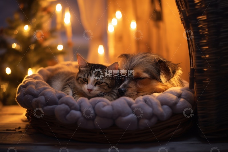 高清大图下载【趣麦麦图】依偎在一起睡觉的小狗和小猫