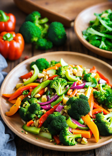 炒西兰花彩椒胡萝卜AI插画高清图片素材2