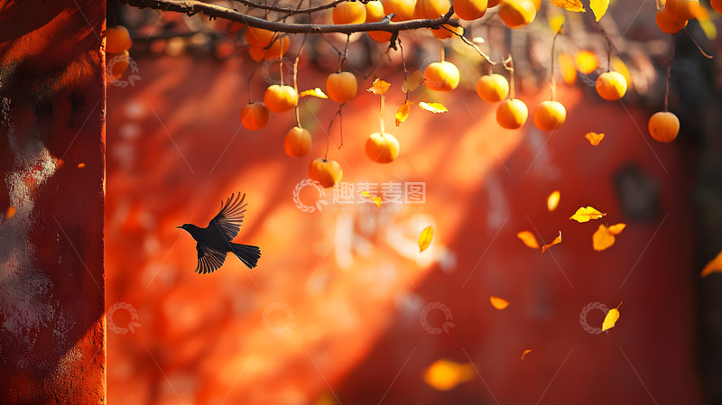 高清大图下载【趣麦麦图】秋日古建筑红墙前的飞鸟3