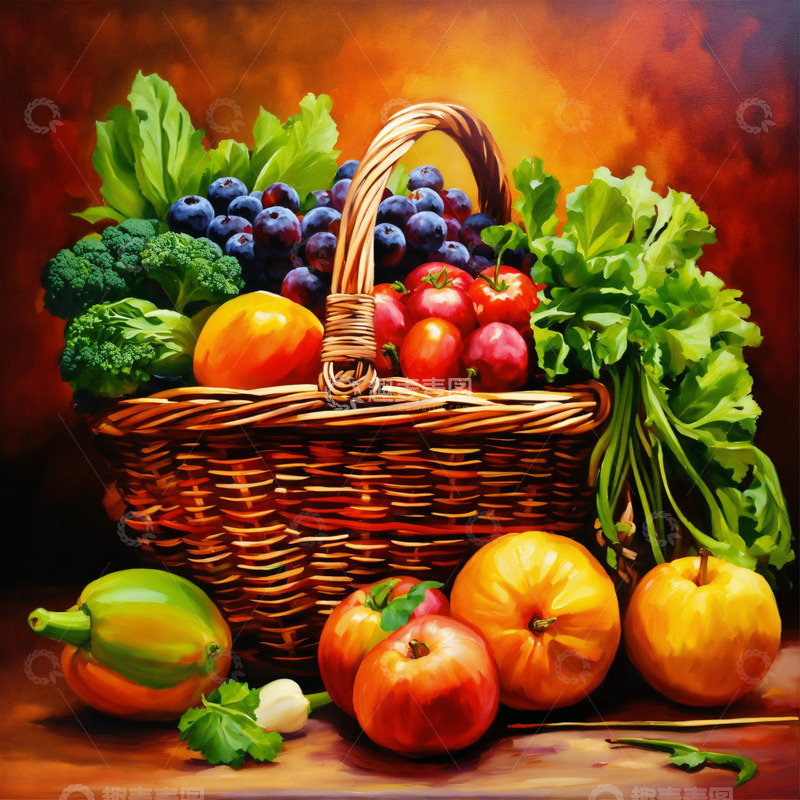 高清大图下载【趣麦麦图】纯素蔬果油画厨房标志暖色调写实AI插画图3