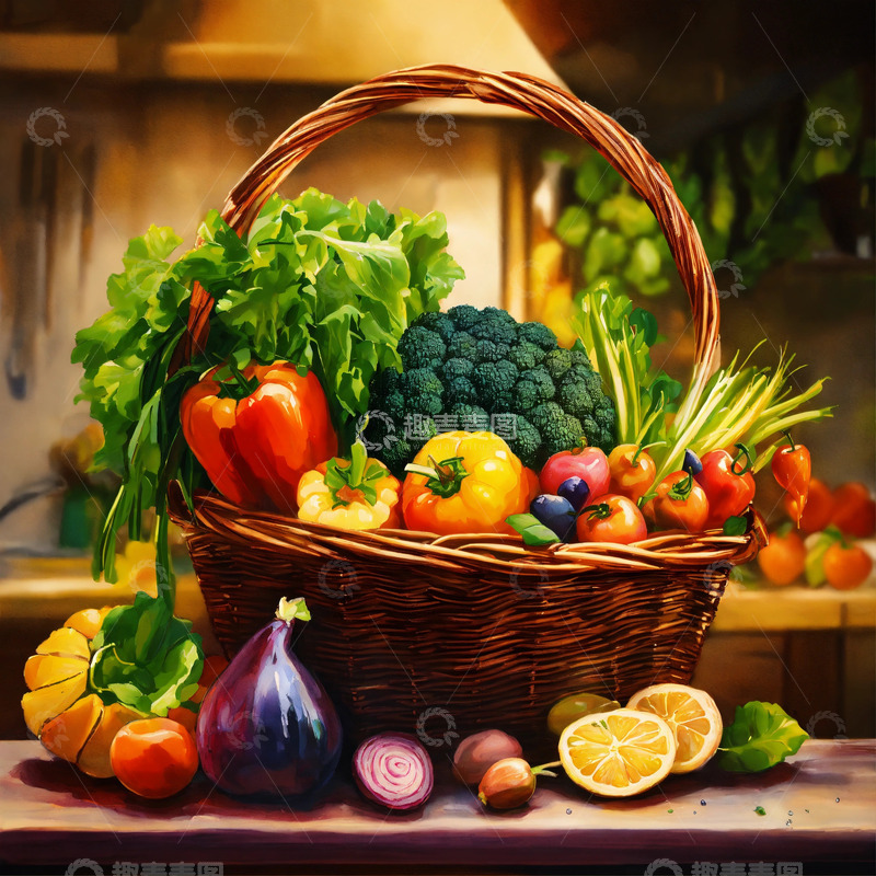 高清大图下载【趣麦麦图】纯素蔬果油画厨房标志暖色调写实AI插画图2