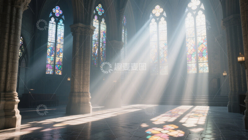 高清大图下载【趣麦麦图】哥特式教堂彩窗几何光斑丁达尔尘雾1