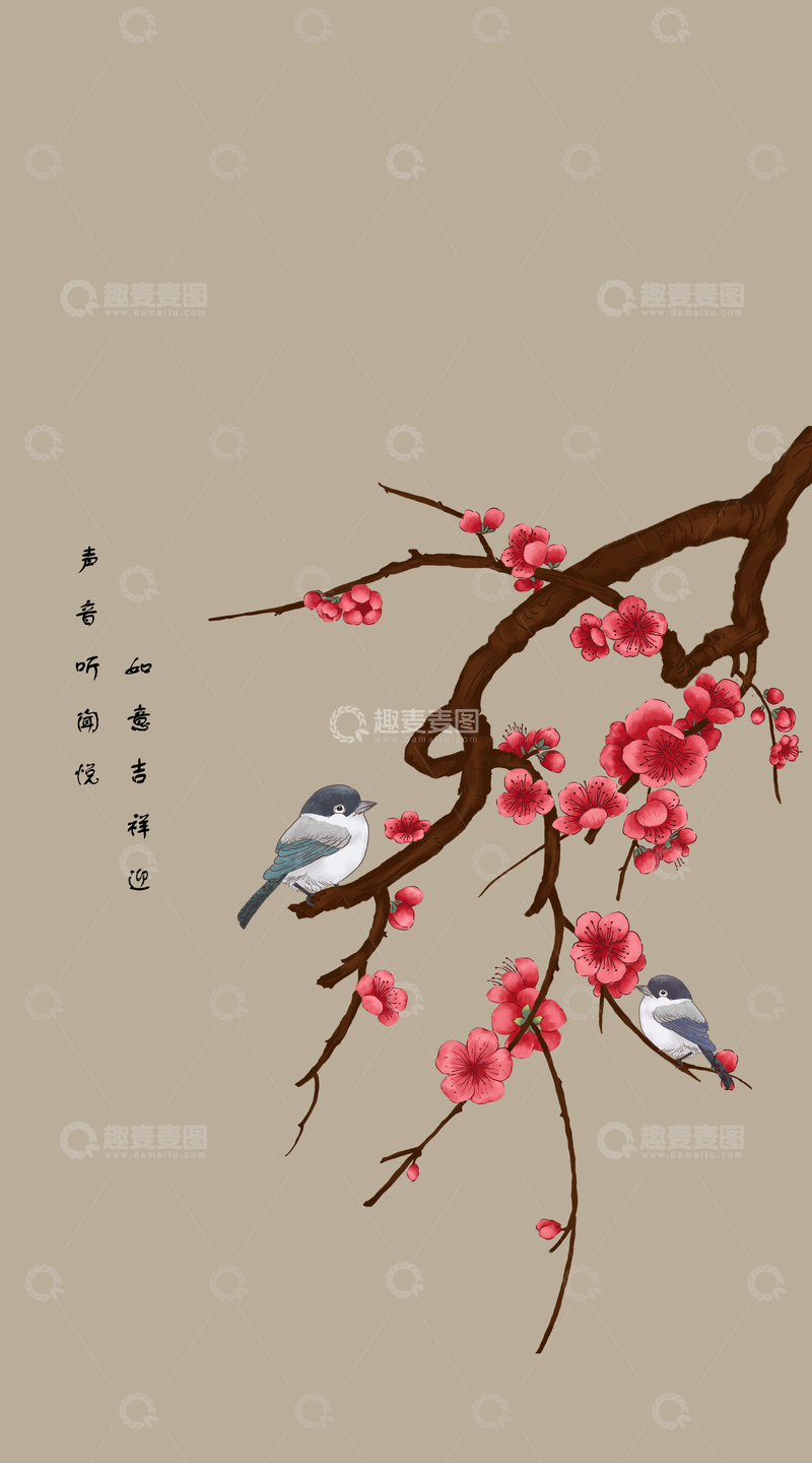 红色创意中国风梅花喜鹊蹬梅手机壁纸