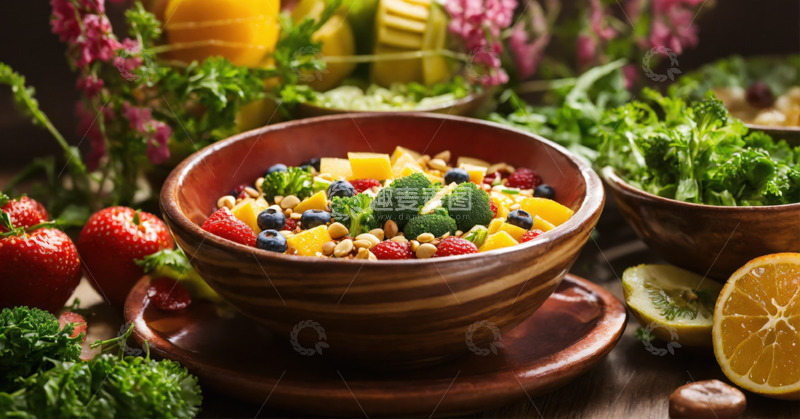 高清大图下载【趣麦麦图】蔬果沙拉拼盘健康饮食AI插画高清图片素材2