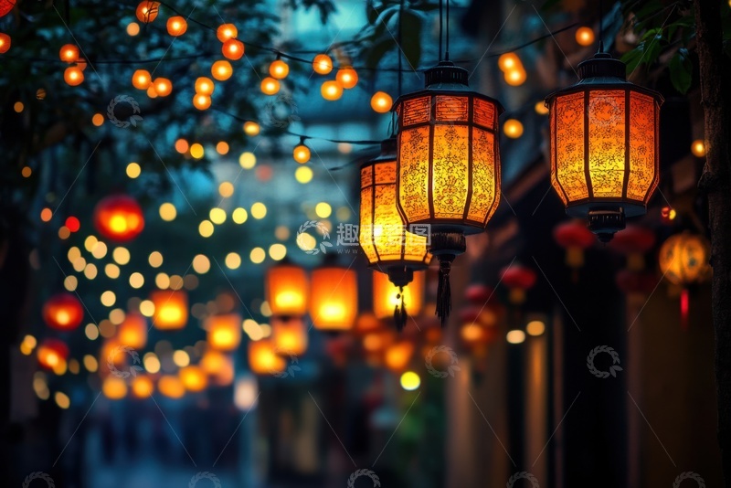 高清大图下载【趣麦麦图】花街上悬挂的灯笼