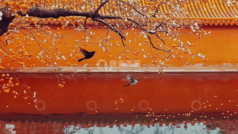 高清大图下载【趣麦麦图】秋日古建筑红墙前的飞鸟1