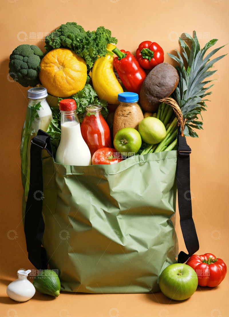 高清大图下载【趣麦麦图】购物清单牛奶瓶面包软饮环保袋蔬菜AI插画3
