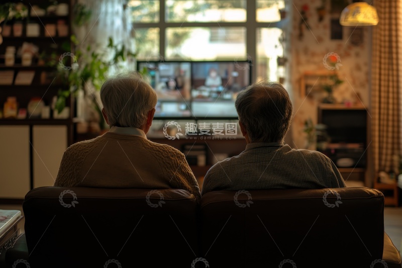高清大图下载【趣麦麦图】坐在沙发上看电视的老年夫妇