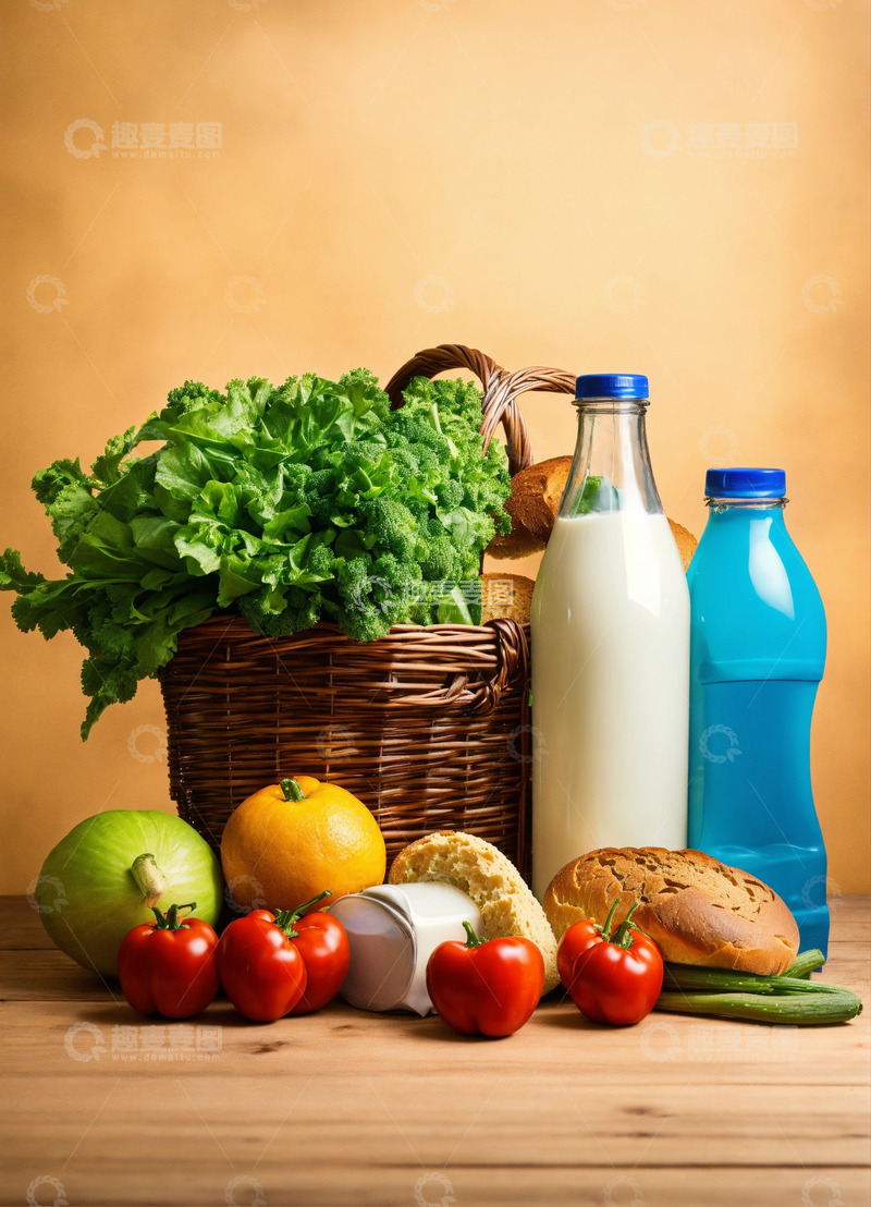 高清大图下载【趣麦麦图】环保袋装杂货牛奶面包饮料蔬果AI插画图片1