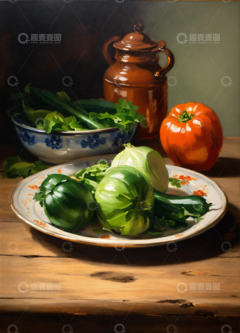 高清大图下载【趣麦麦图】静物油画菜盘置于木质餐桌辛格风格AI插画2