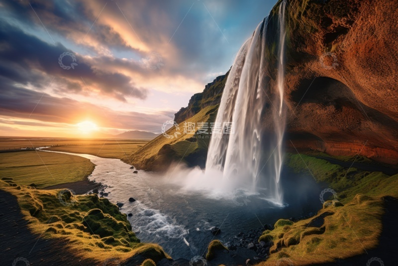 高清大图下载【趣麦麦图】旷野上的小瀑布水流