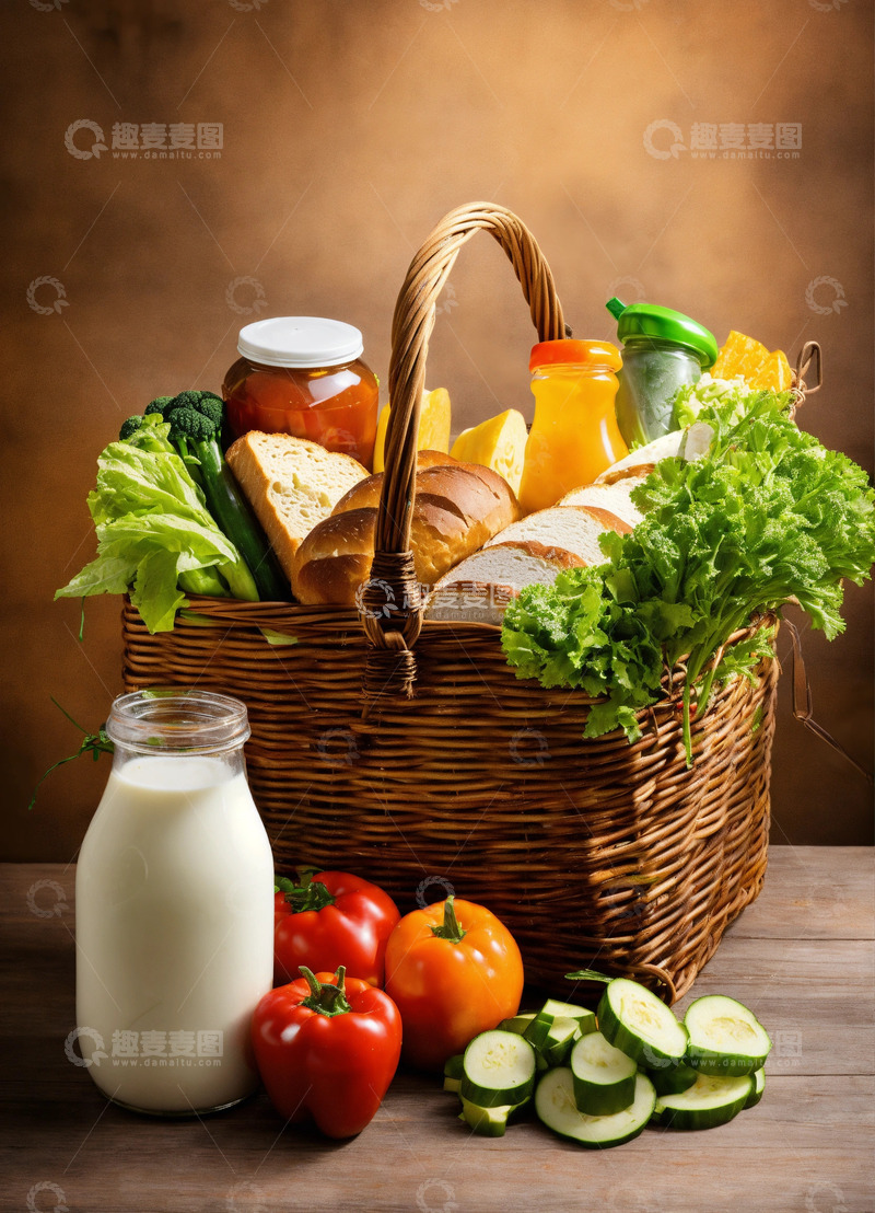 高清大图下载【趣麦麦图】环保袋装杂货牛奶面包饮料蔬果AI插画图片4