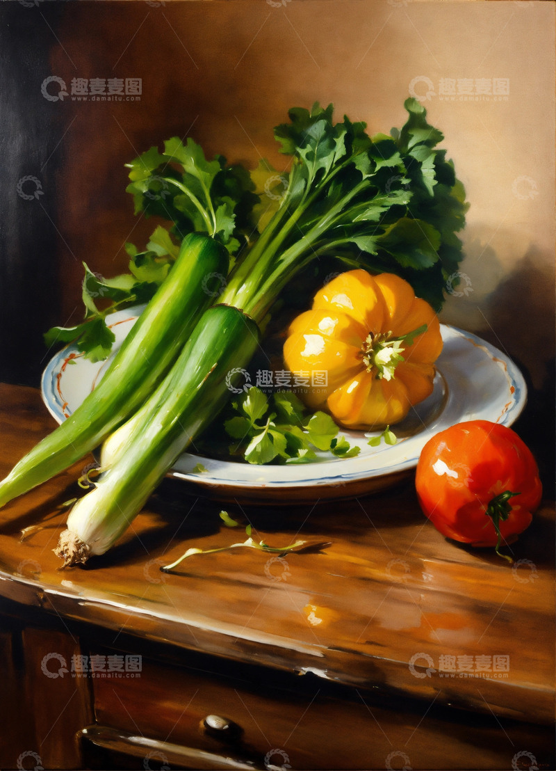 高清大图下载【趣麦麦图】静物油画菜盘置于木质餐桌辛格风格AI插画3