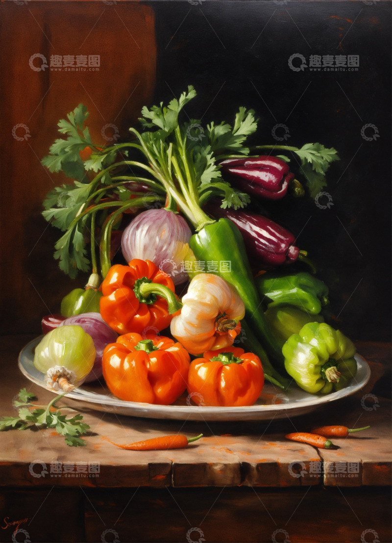 高清大图下载【趣麦麦图】静物油画胡萝卜辣椒洋葱木桌风格AI插画图23