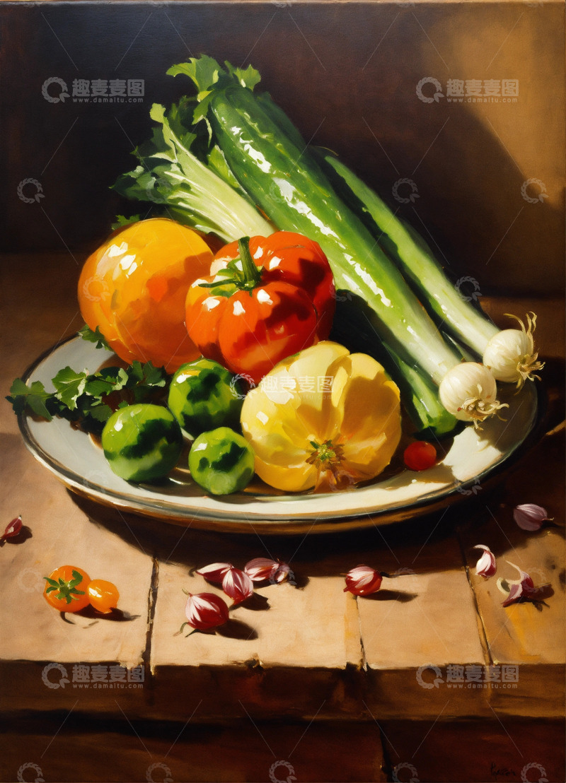 高清大图下载【趣麦麦图】静物油画菜盘置于木质餐桌辛格风格AI插画1