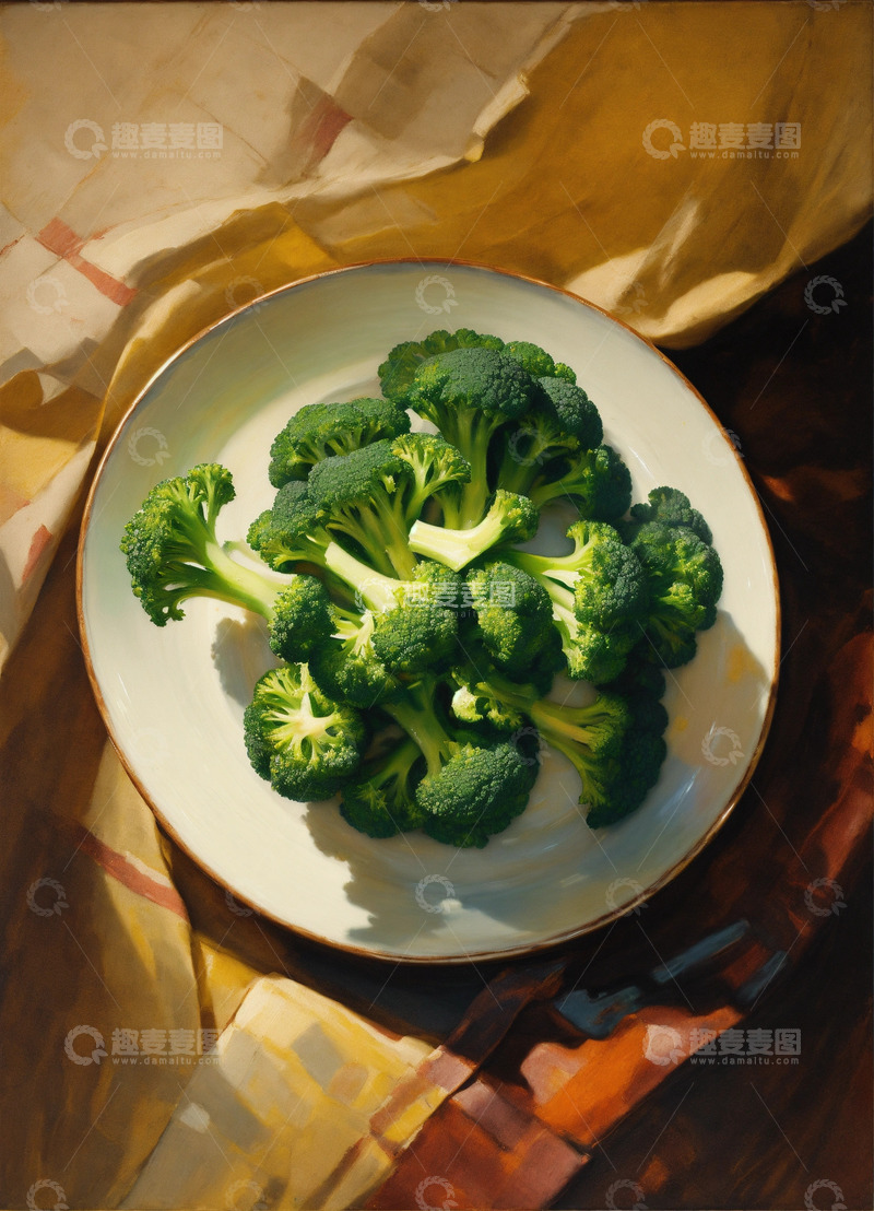 高清大图下载【趣麦麦图】静物油画西兰花萨金特风格AI插画高清图片3