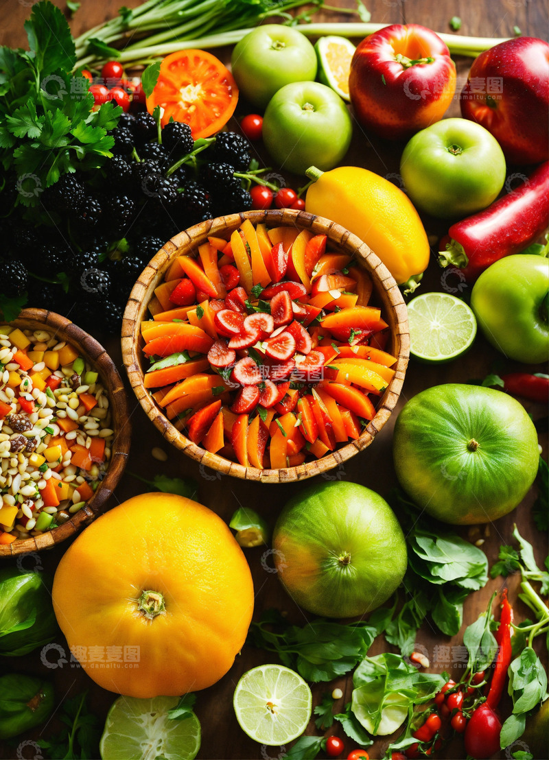 高清大图下载【趣麦麦图】蔬菜水果健康之道AI插画高清图片1