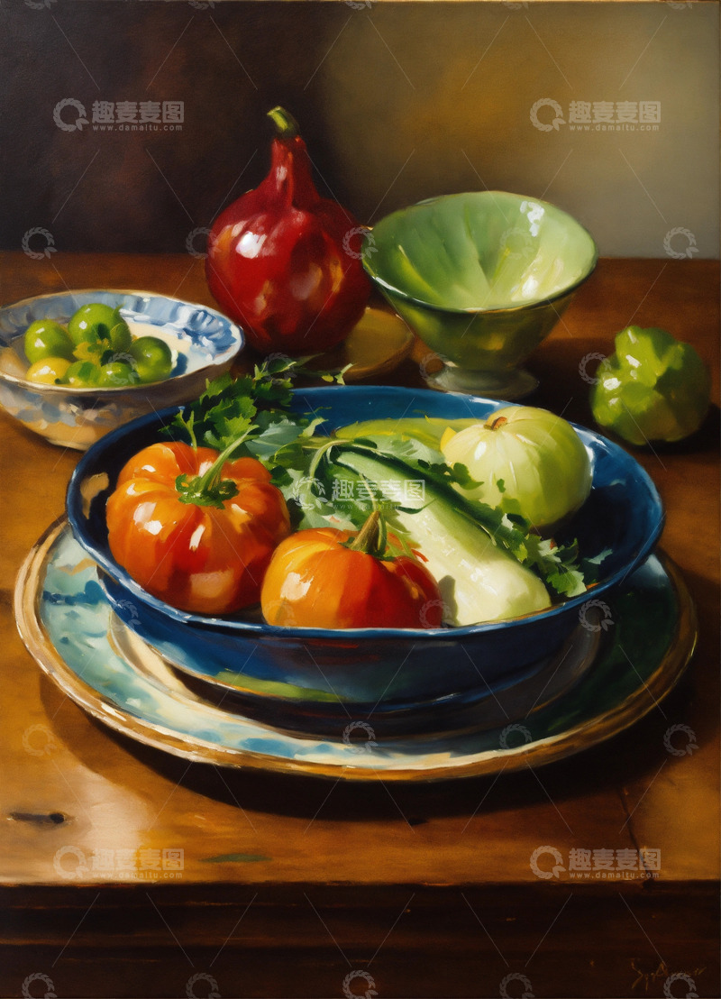 高清大图下载【趣麦麦图】静物油画菜盘置于木质餐桌辛格风格AI插画3