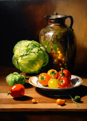 静物油画菜盘置于木质餐桌辛格风格AI插画1