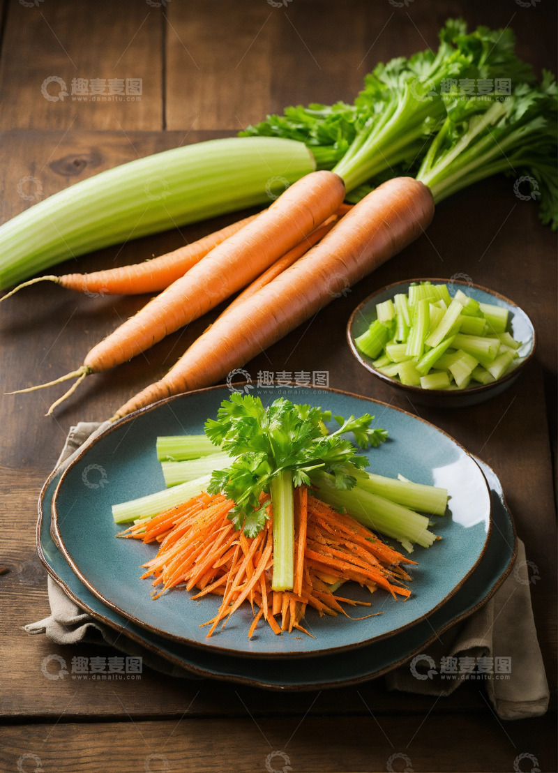 高清大图下载【趣麦麦图】装有生胡萝卜芹菜晚餐盘AI插画高清图片素1
