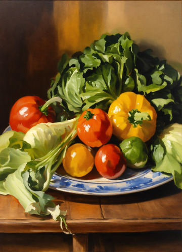 静物油画菜盘置于木质餐桌辛格风格AI插画4
