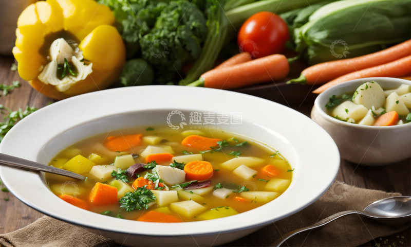 高清大图下载【趣麦麦图】什锦蔬菜浓汤暖胃可见食材AI插画高清图片3