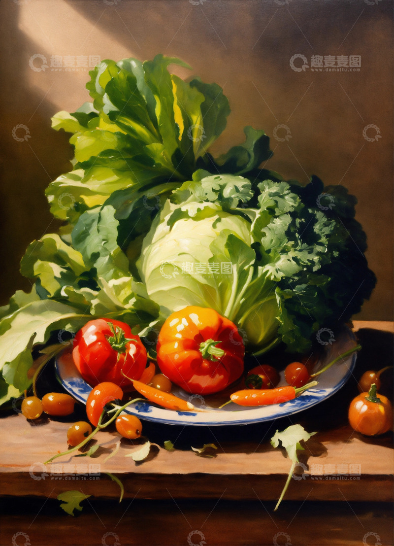 高清大图下载【趣麦麦图】静物油画菜盘置于木质餐桌辛格风格AI插画2