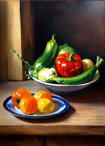 静物油画菜盘置于木质餐桌辛格风格AI插画5