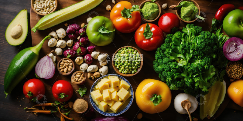 高清大图下载【趣麦麦图】俯拍纯素食食材桌AI插画高清图片素材2