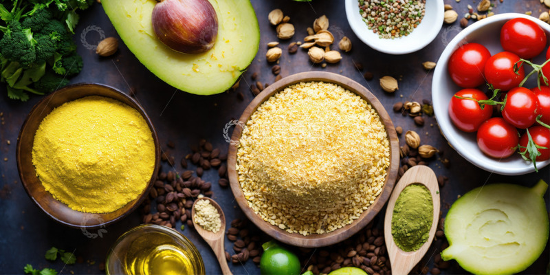 高清大图下载【趣麦麦图】俯拍纯素食食材桌AI插画高清图片素材1