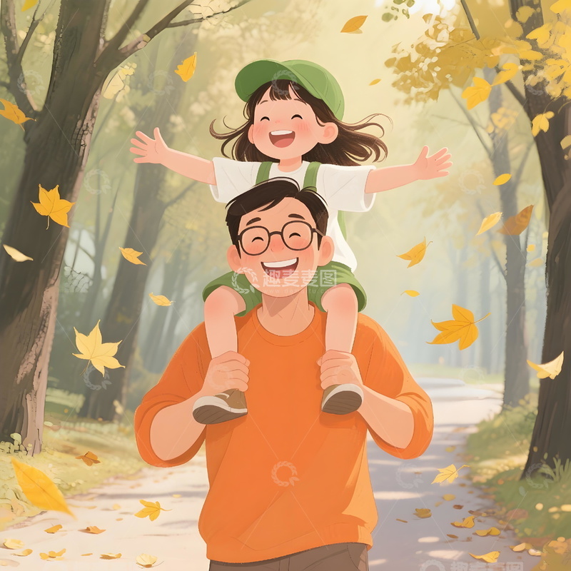 高清大图下载【趣麦麦图】秋日树林里爸爸肩扛着开心的孩子