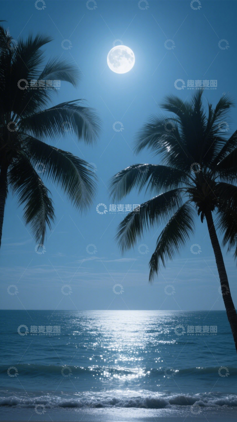 高清大图下载【趣麦麦图】月夜椰林海景图2