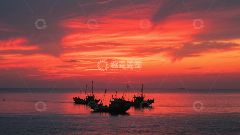 高清大图下载【趣麦麦图】晚霞渔船海景画3