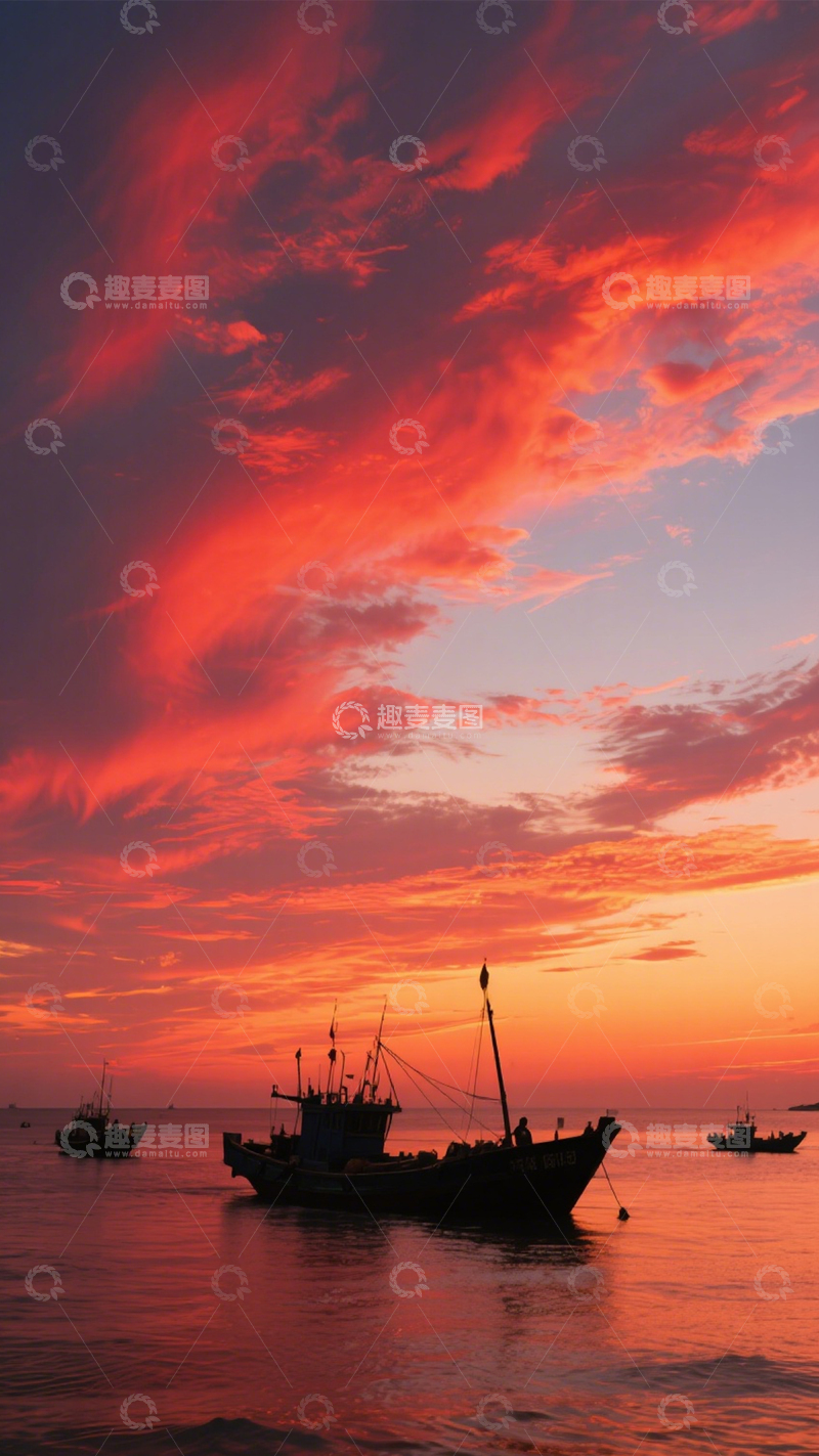 高清大图下载【趣麦麦图】晚霞渔船海景画1