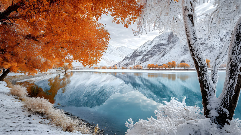 高清大图下载【趣麦麦图】冬日湖泊雪山树木5