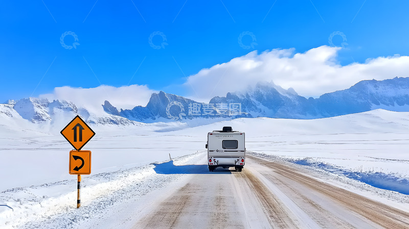 高清大图下载【趣麦麦图】秋冬雪山下的冰封公路与汽车1
