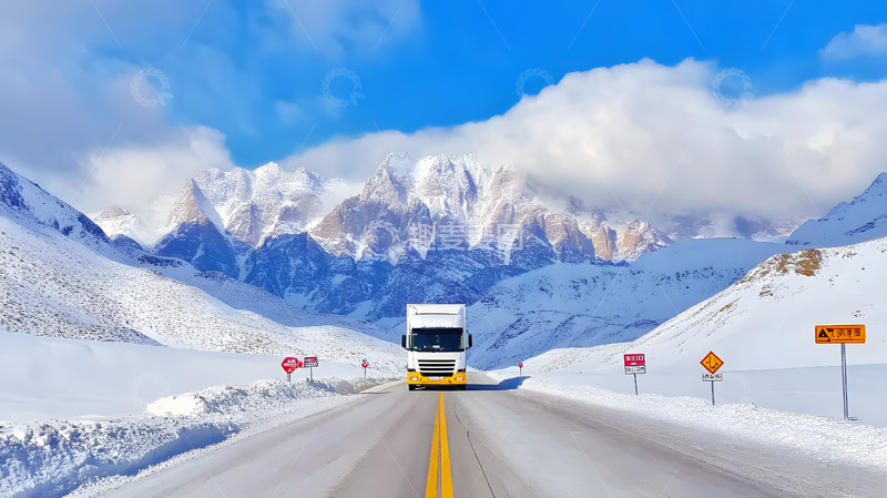 高清大图下载【趣麦麦图】秋冬雪山下的冰封公路与汽车2