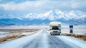 秋冬雪山下的冰封公路与汽车3