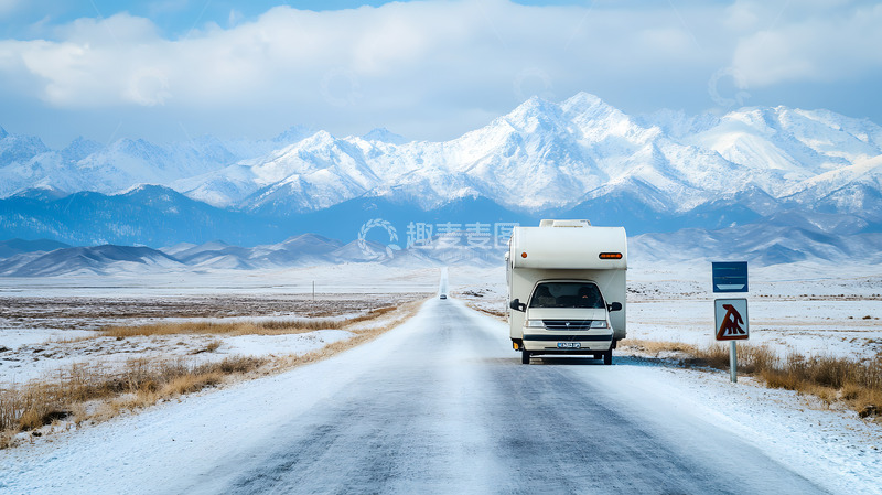 高清大图下载【趣麦麦图】秋冬雪山下的冰封公路与汽车3