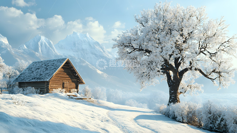 高清大图下载【趣麦麦图】冬日雪山木屋美景2