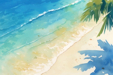卡通水彩沙滩海浪自然背景