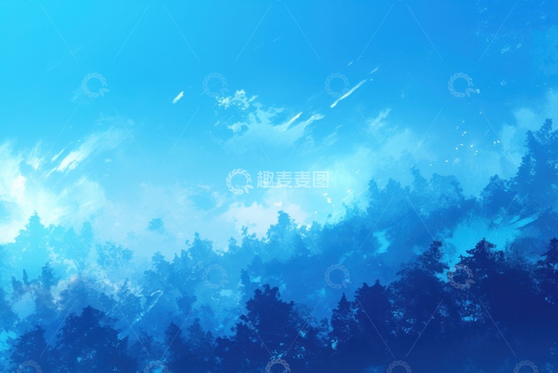 高清大图下载【趣麦麦图】水彩蓝色晕染森林