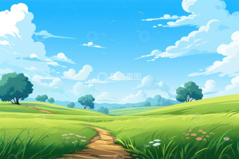 高清大图下载【趣麦麦图】卡通简约夏季草地田野