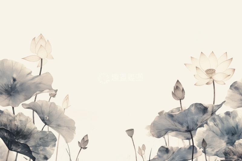 高清大图下载【趣麦麦图】手绘水墨荷花边框背景