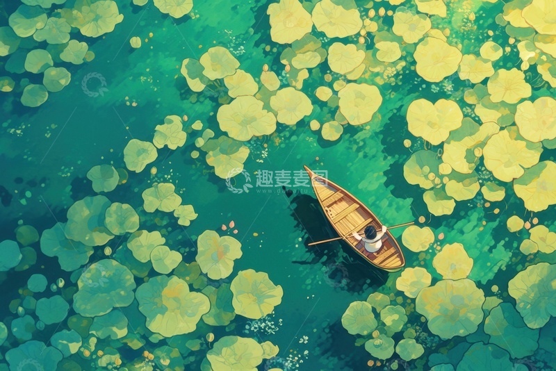 高清大图下载【趣麦麦图】卡通夏季荷塘木舟
