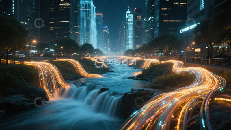 高清大图下载【趣麦麦图】黑夜的城市光纤电缆构成的发光河流2