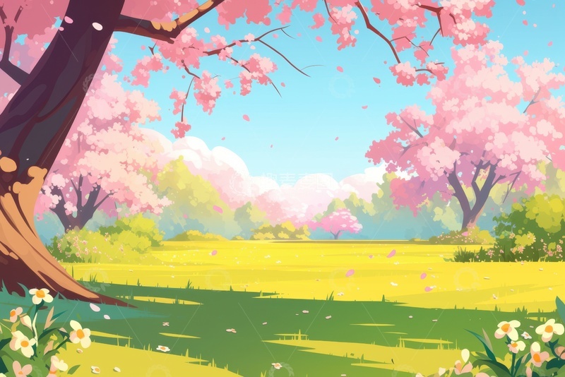 高清大图下载【趣麦麦图】卡通简约草地桃花树背景