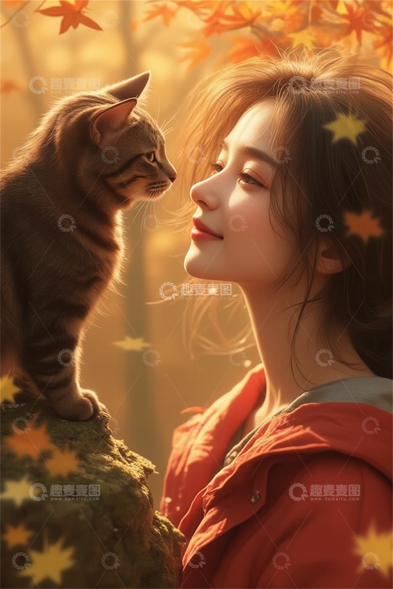高清大图下载【趣麦麦图】女生和猫