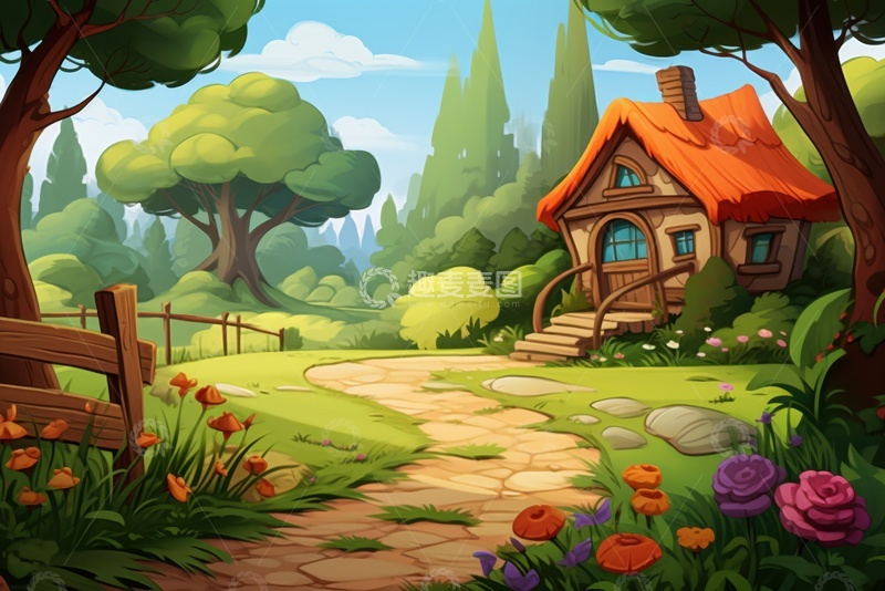 高清大图下载【趣麦麦图】卡通简约小房屋道路背景
